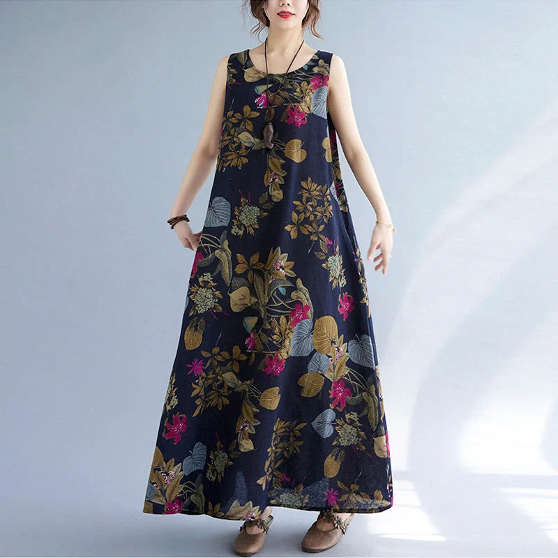 Elegant cotton linen dress in classic colours, featuring a sleeveless design and a loose waist silhouette for a flattering fit.