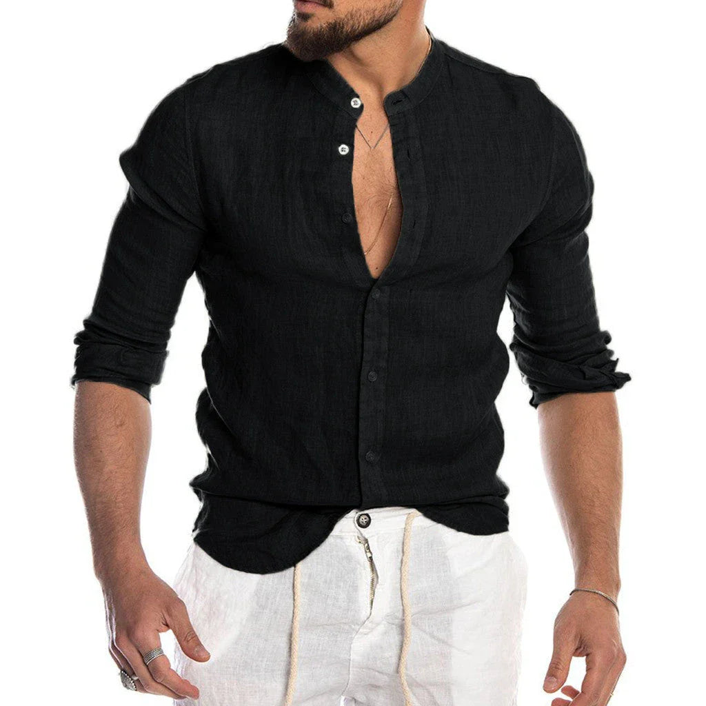 Stylish men's linen button-down shirt in a variety of classic colors