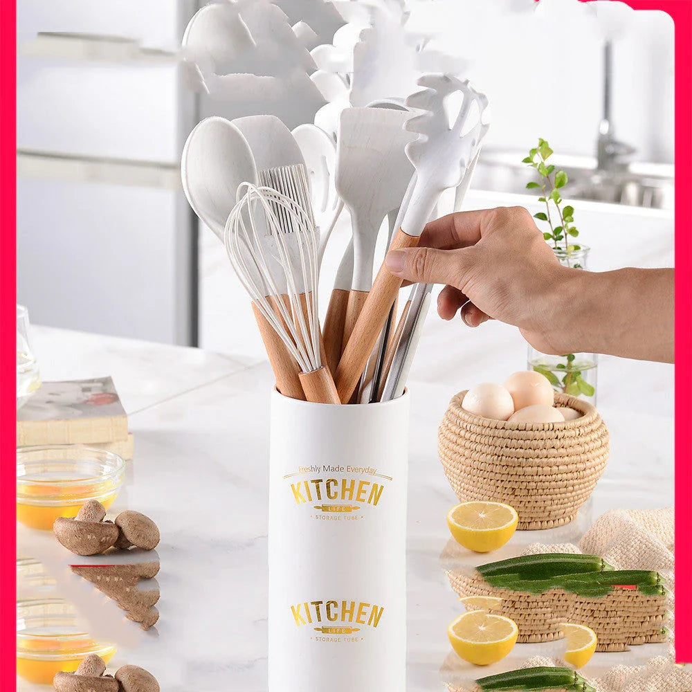 Premium silicone cooking tool set with elegant marbled wooden handles, designed for high-temperature cooking and baking tasks