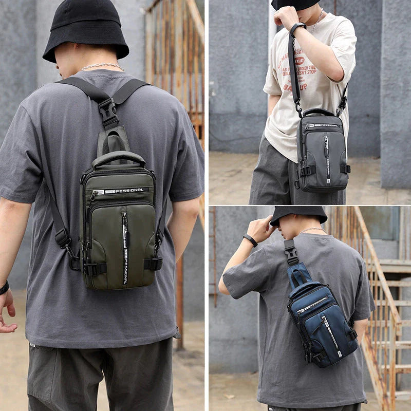 Versatile men's crossbody bag with multifunctional backpack, shoulder, and chest pack design in various colors