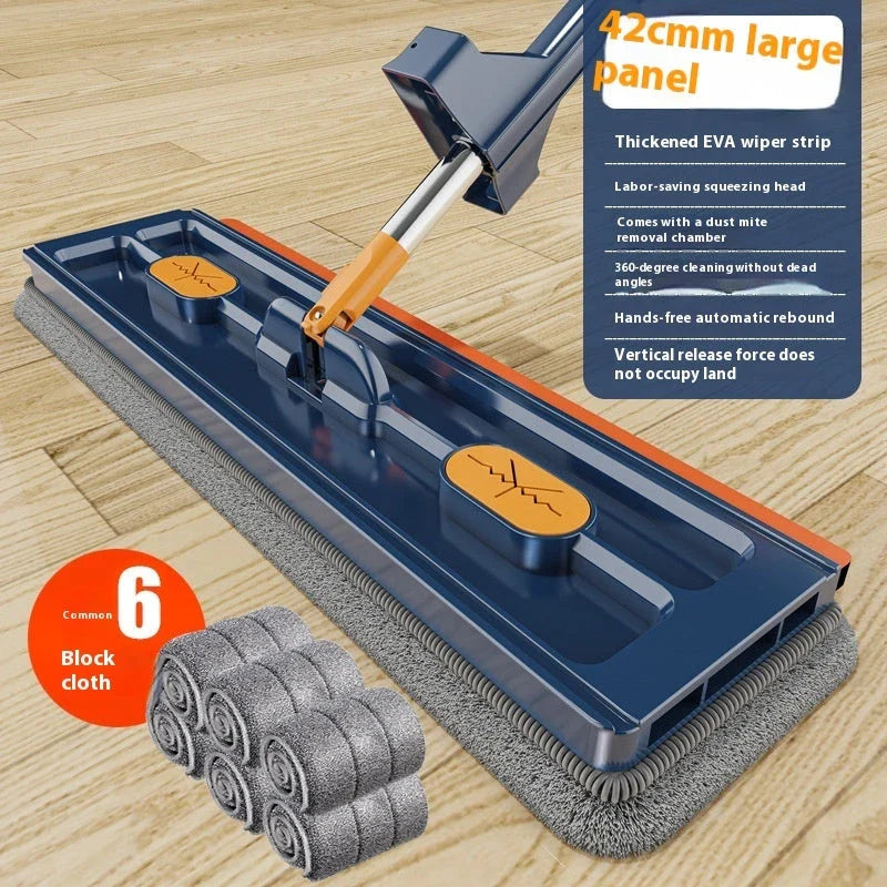 A premium 360° rotating flat mop with a stainless steel handle, suitable for cleaning various flooring types in homes.