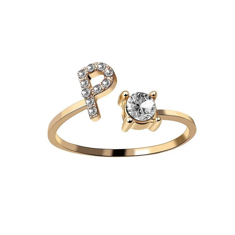 Personalized Initial Letter Crystal Ring with Adjustable Design in Gold, Silver, and Rose Gold Colors