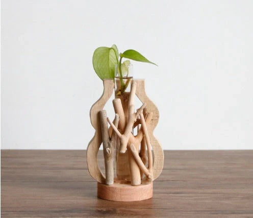 Handcrafted wooden vase with glass container for hydroponic floral displays and home decor