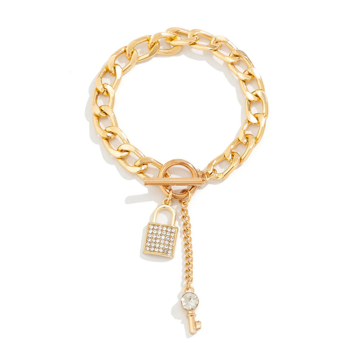 Elegant chain necklace and bracelet set with shiny lock and key pendant, fashionable ladies accessories