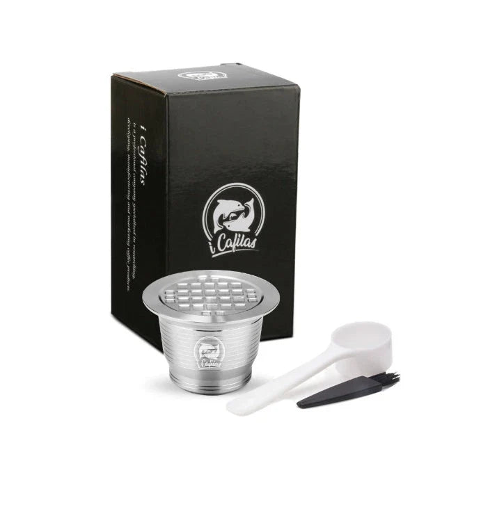 Premium stainless steel coffee capsule shells with a sleek square design, perfect for home, office, and cafe use.