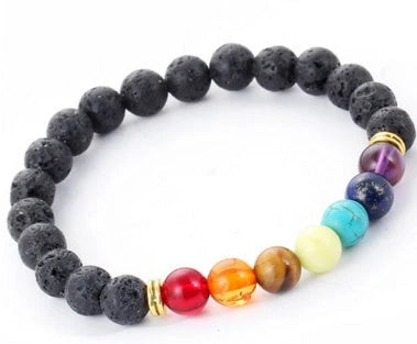 Handcrafted beaded bracelet with seven chakra-representing beads, designed to promote balance and well-being.