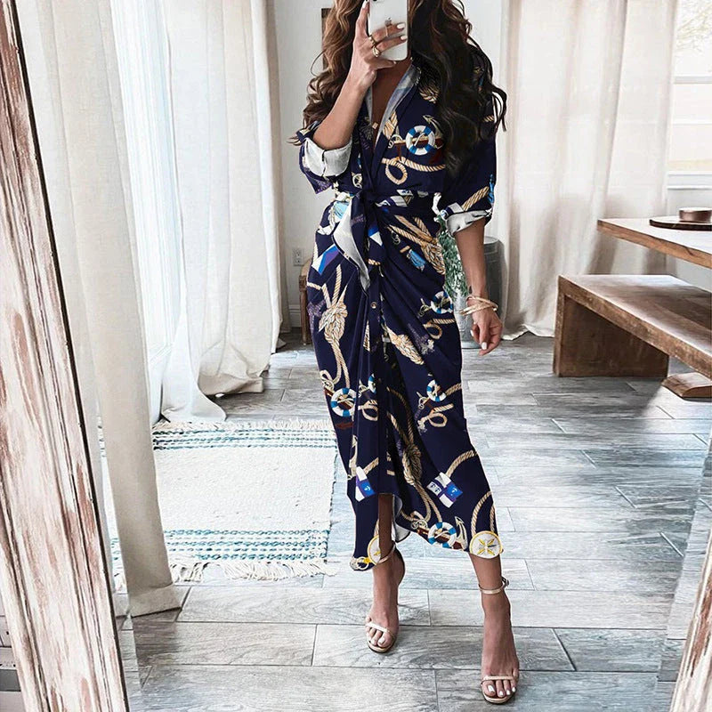 Elegant European and American printed maxi dress with long sleeves and lace-up detailing in various floral prints and colors