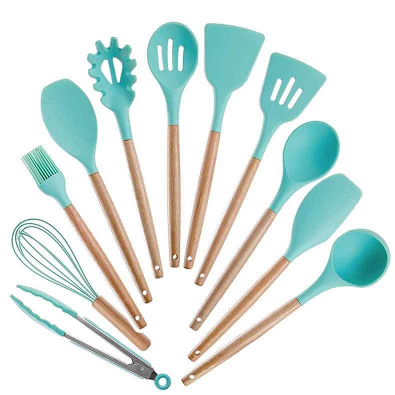 Premium silicone kitchenware set with wooden handle, ideal for cooking and baking