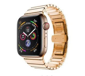 Stainless steel metal chain Apple Watch strap with butterfly buckle in silver.