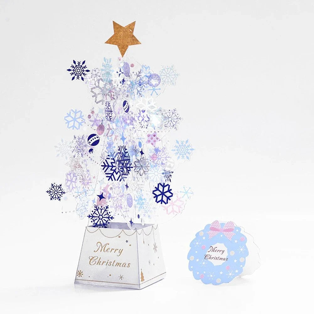 Elegant 3D pop-up Christmas tree greeting card with shimmering snowflake sequins