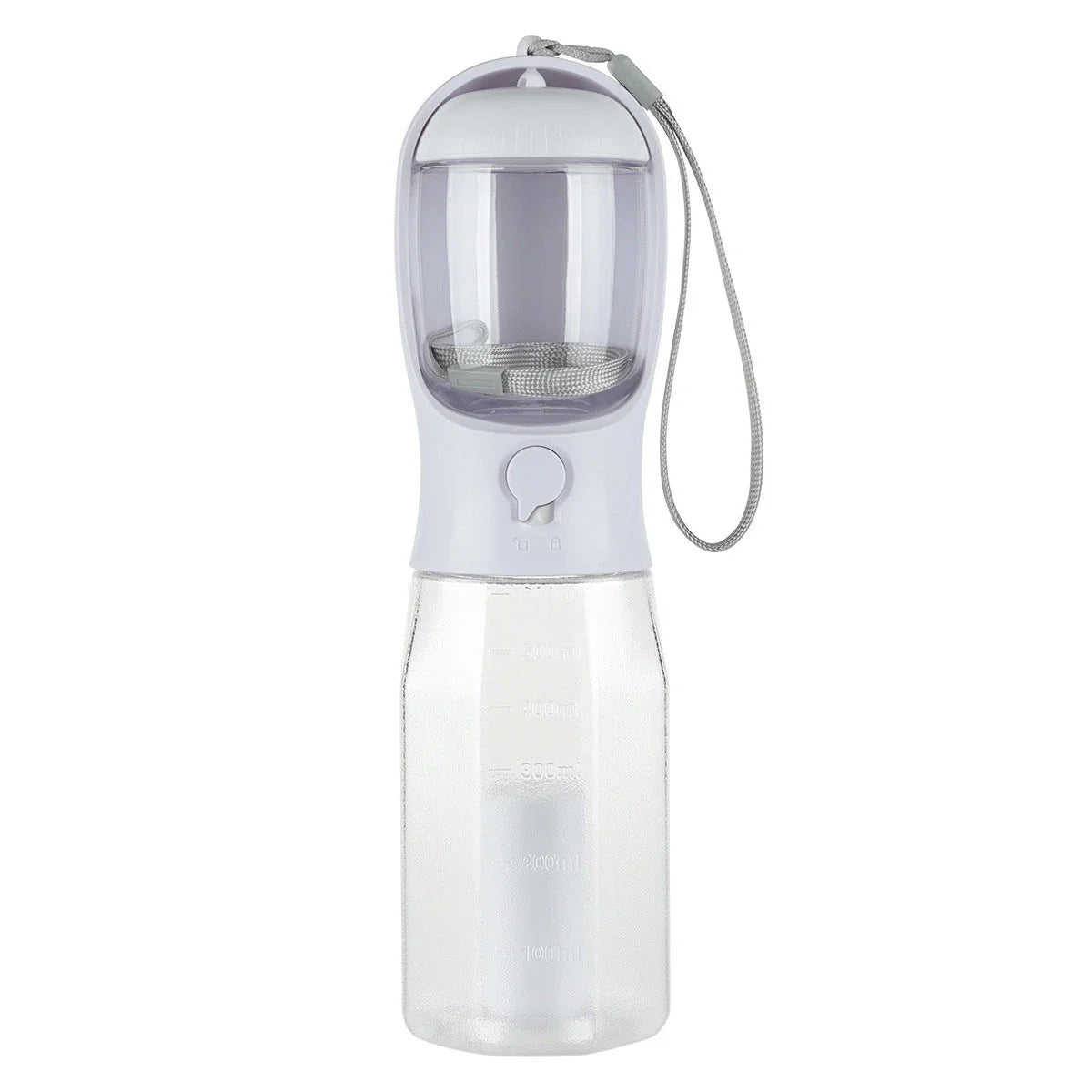 Multifunctional pet water bottle with built-in poop bag dispenser, available in turquoise, pink, and white colors