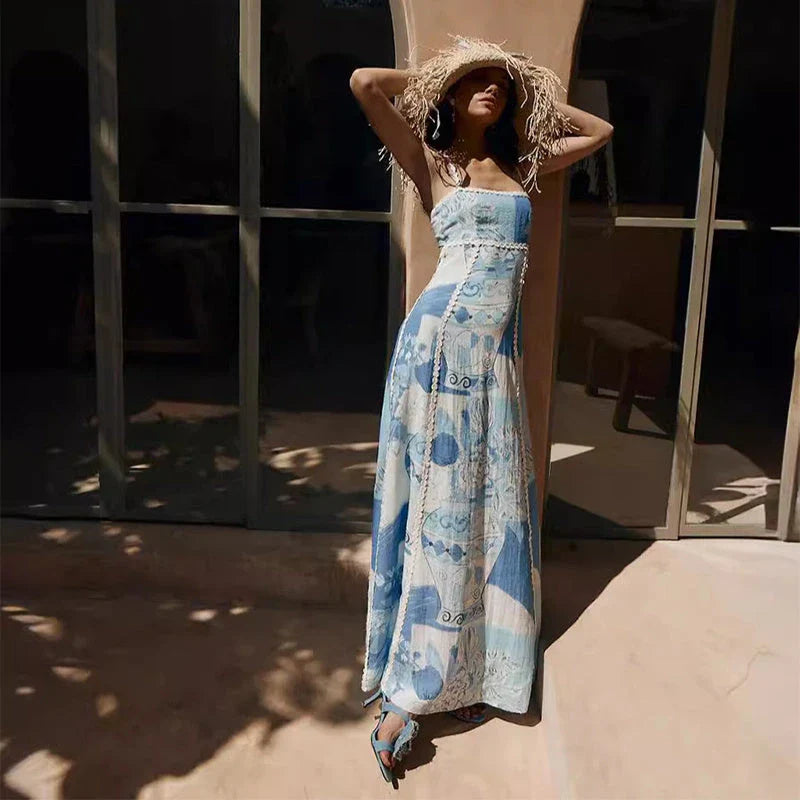 Floral lace maxi dress with backless design and bow accents
