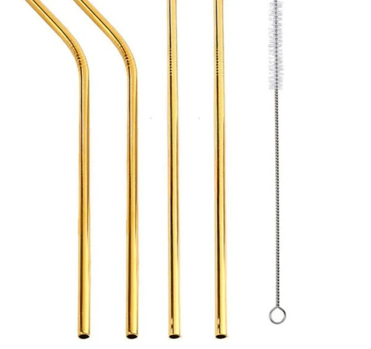 Colourful reusable stainless steel drinking straws with cleaning brush, perfect for eco-friendly sipping.