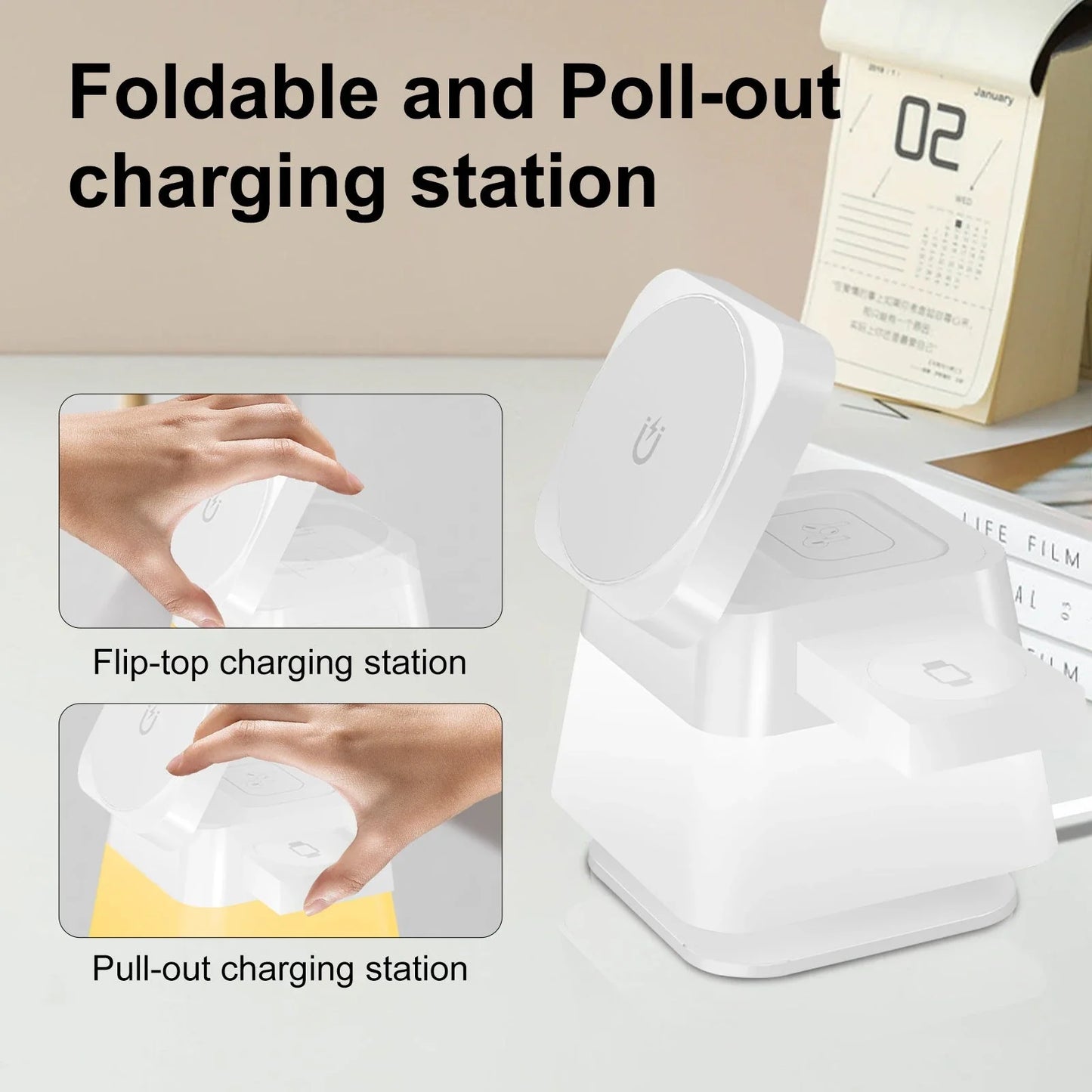 Versatile 4-in-1 wireless charging station with adjustable mood lighting for iPhone, Apple Watch, and AirPods