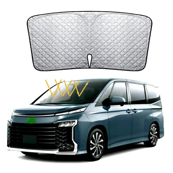 Silver tape sunshade cover fitted on a Toyota NOAH XOVY 90 series front windshield.
