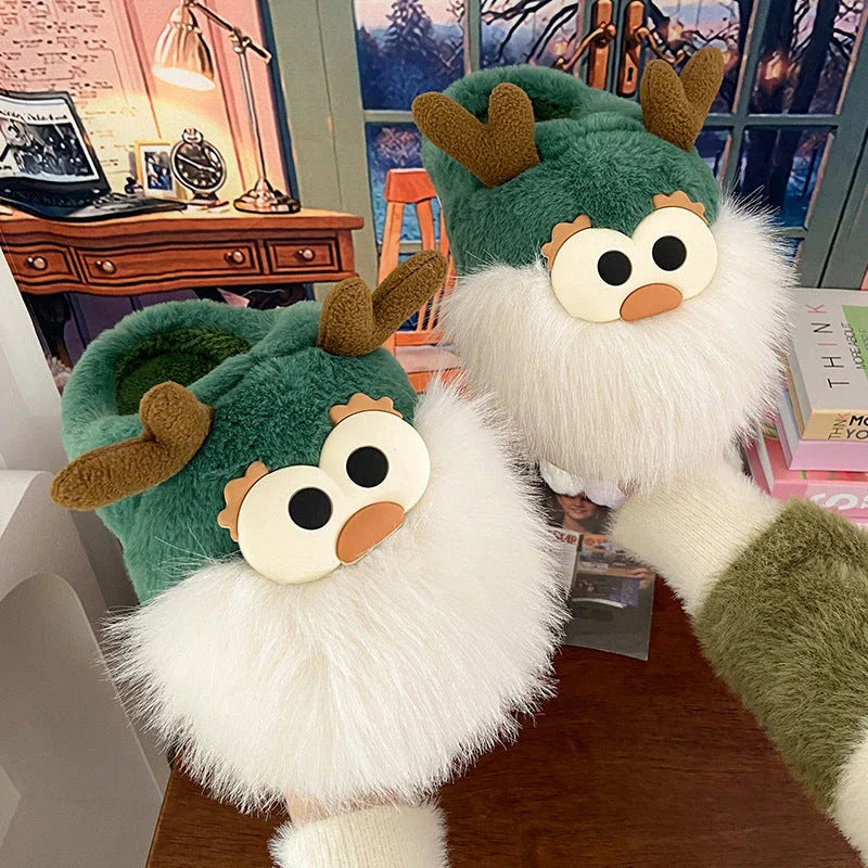 Cozy cartoon deer-themed plush slippers in various colors with thickened sole and half-covered heel for winter warmth and comfort