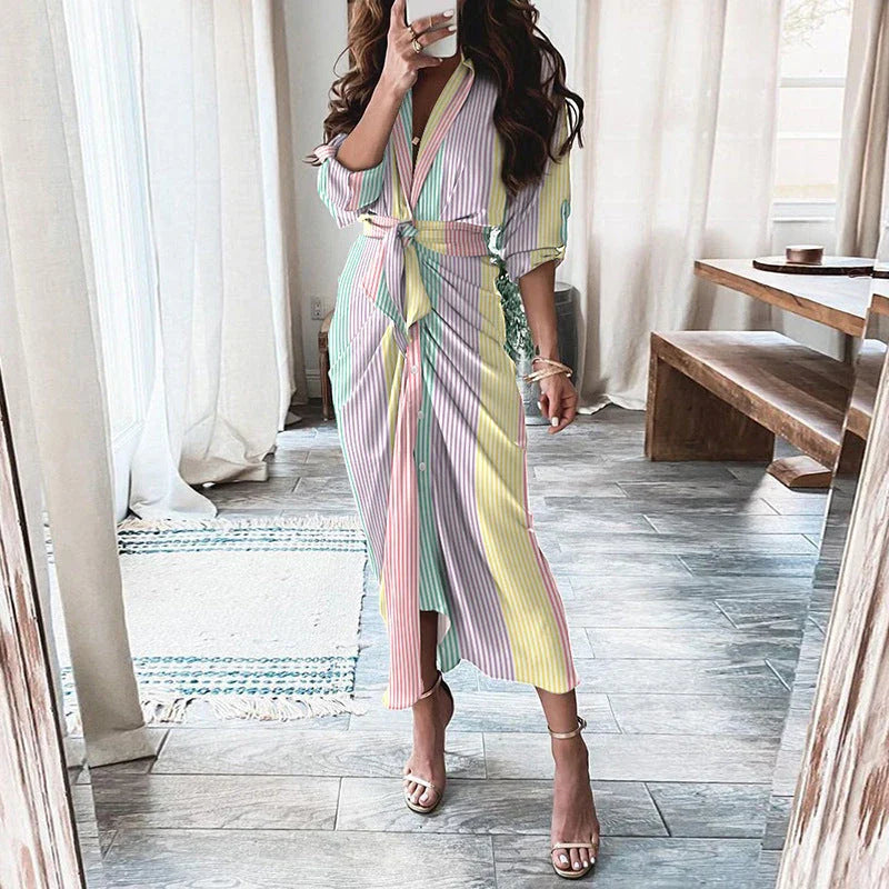 Elegant European and American printed maxi dress with long sleeves and lace-up detailing in various floral prints and colors