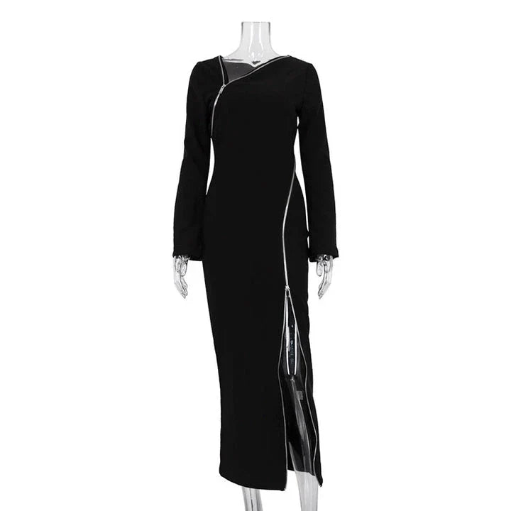 Elegant crossbody dress with zipper detail, high-waisted silhouette, and long sleeves in a solid black colour