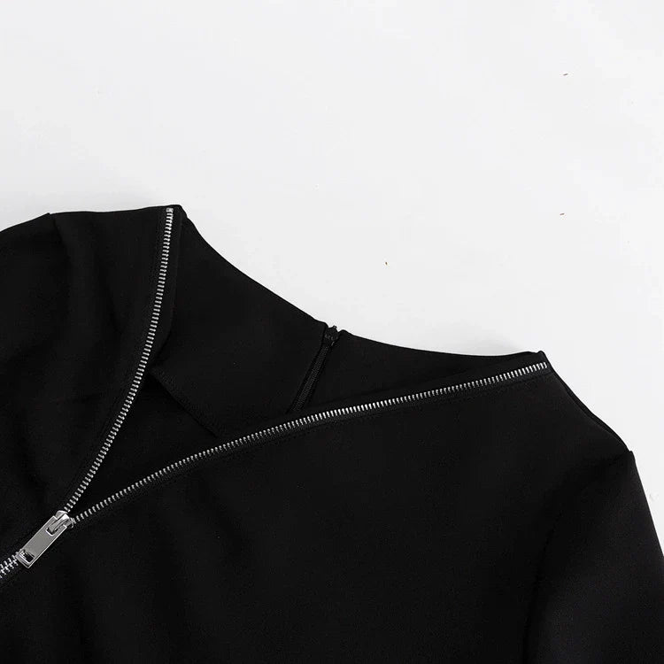 Elegant crossbody dress with zipper detail, high-waisted silhouette, and long sleeves in a solid black colour