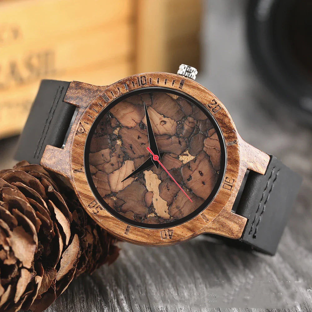 Casual wooden men's watch with a broken leaf wooden dial, leather strap, and stainless steel clasp