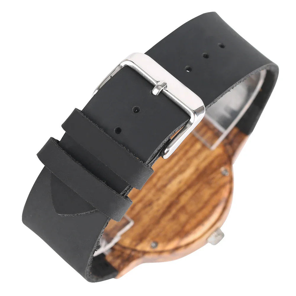 Casual wooden men's watch with a broken leaf wooden dial, leather strap, and stainless steel clasp