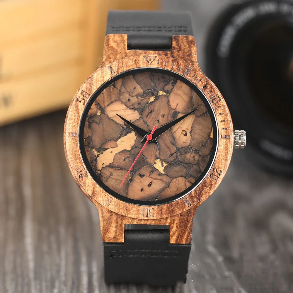 Casual wooden men's watch with a broken leaf wooden dial, leather strap, and stainless steel clasp