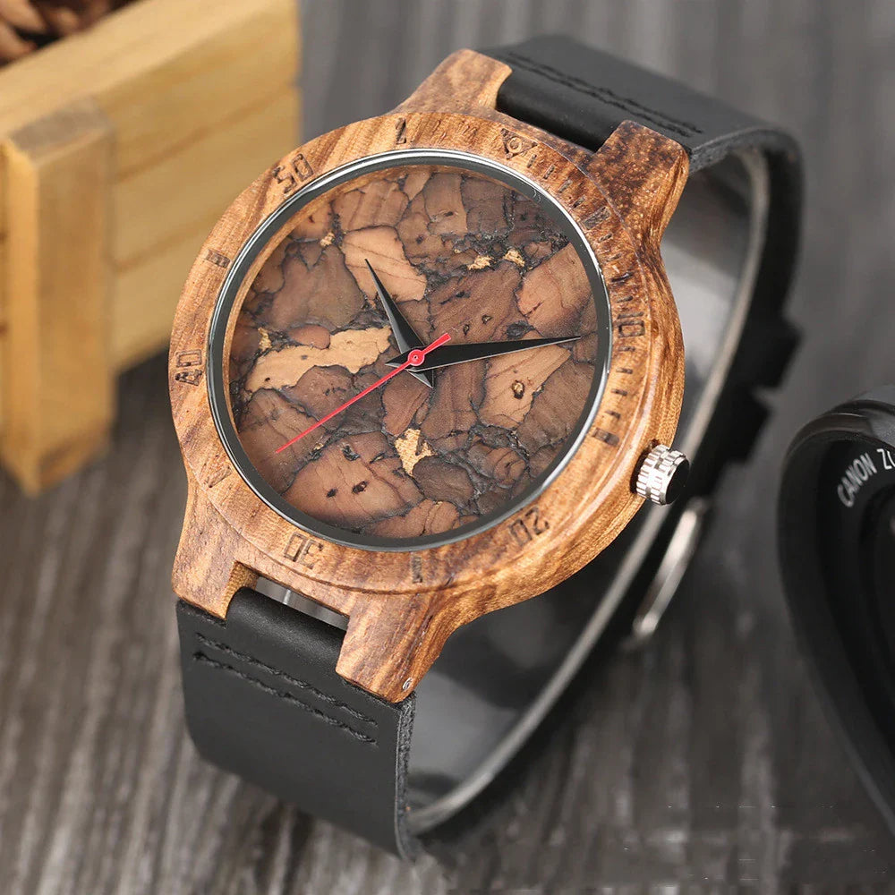 Casual wooden men's watch with a broken leaf wooden dial, leather strap, and stainless steel clasp