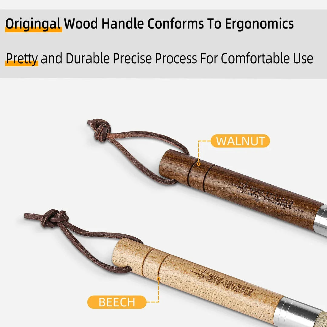 A natural fibre coffee grinder cleaning brush with a wooden handle, designed to safely remove coffee residue and maintain equipment performance.