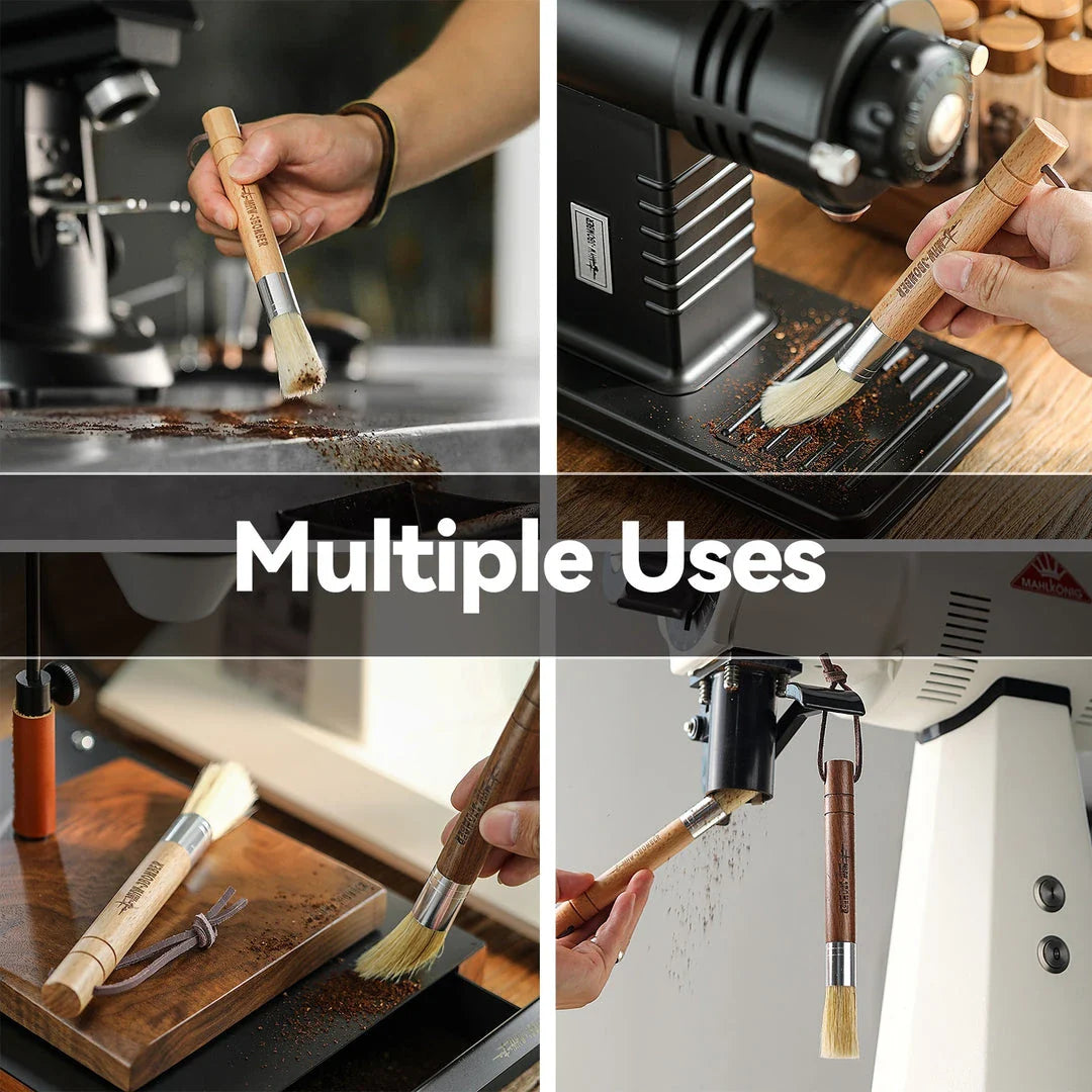 A natural fibre coffee grinder cleaning brush with a wooden handle, designed to safely remove coffee residue and maintain equipment performance.