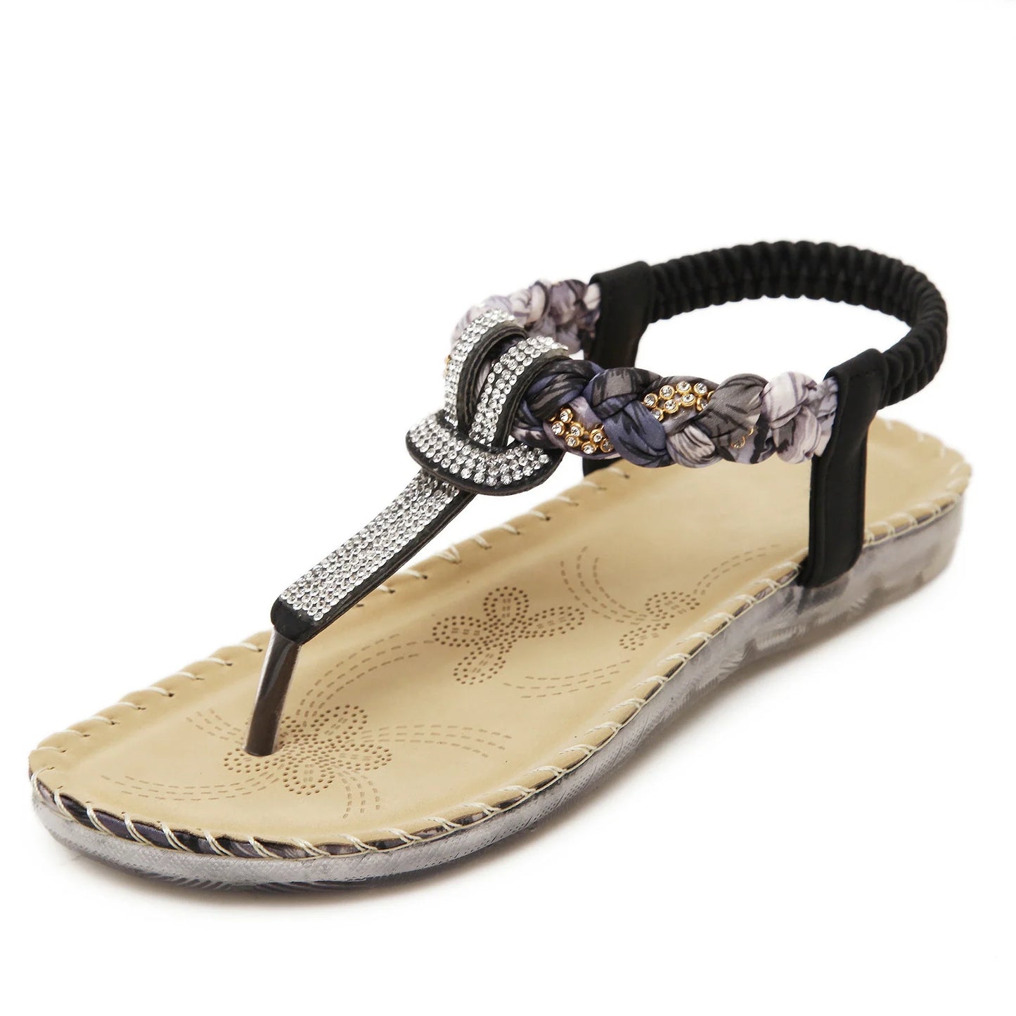 Low-top toe sandals with two-layer leather upper, raw rubber sole, and rhinestone detailing