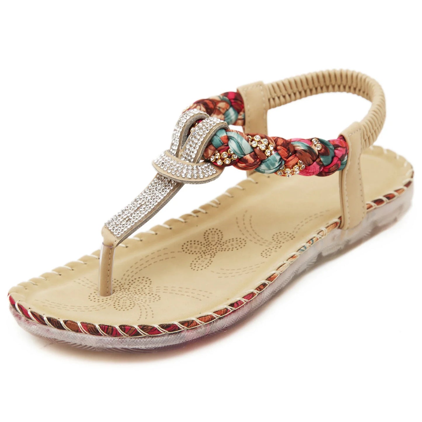 Low-top toe sandals with two-layer leather upper, raw rubber sole, and rhinestone detailing