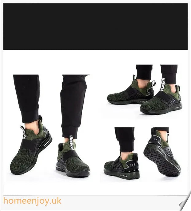 Pair of Air Cushion Shock-Absorbing Steel Toe Safety Shoes in various colours, including olive green, sky blue, and sea gold
