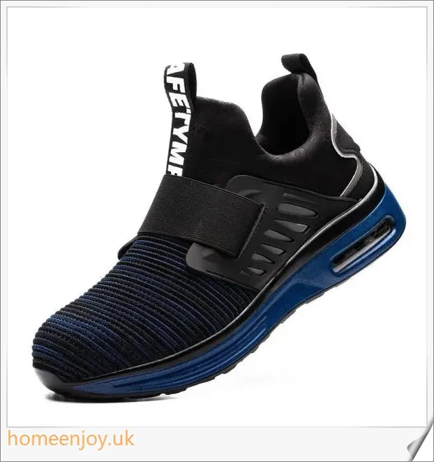 Pair of Air Cushion Shock-Absorbing Steel Toe Safety Shoes in various colours, including olive green, sky blue, and sea gold