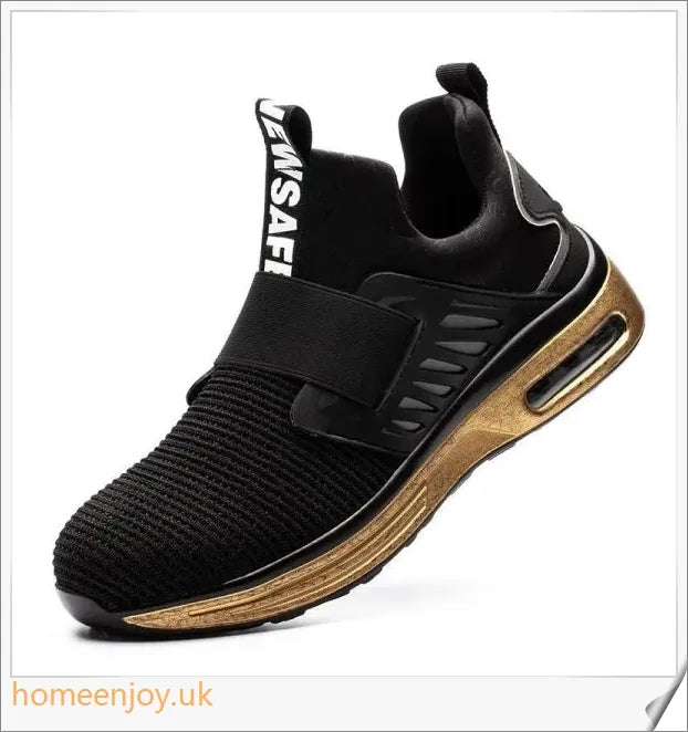 Pair of Air Cushion Shock-Absorbing Steel Toe Safety Shoes in various colours, including olive green, sky blue, and sea gold