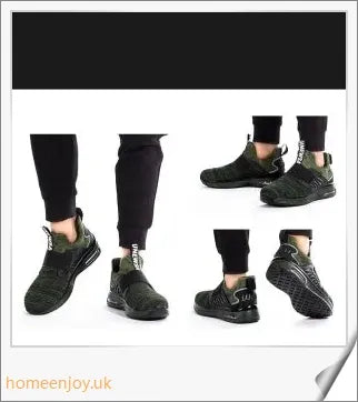 Pair of Air Cushion Shock-Absorbing Steel Toe Safety Shoes in various colours, including olive green, sky blue, and sea gold