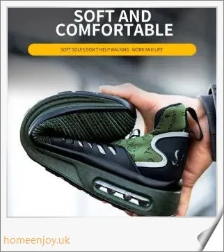 Pair of Air Cushion Shock-Absorbing Steel Toe Safety Shoes in various colours, including olive green, sky blue, and sea gold