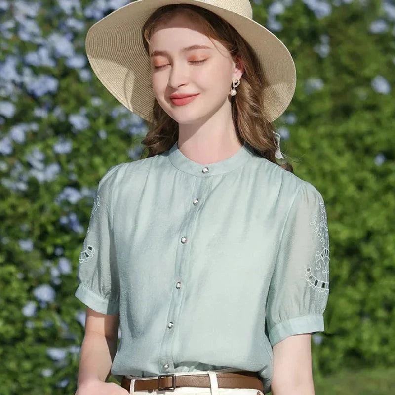 Chic French Puff Sleeve Blouse for Women - Elegant and Versatile Wardrobe Essential