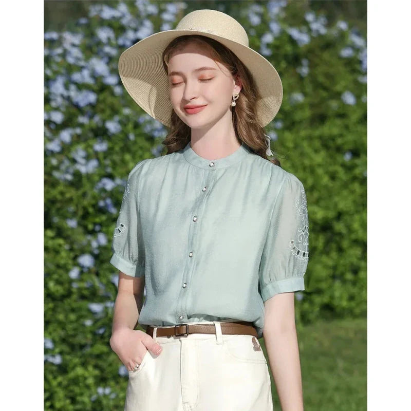 Chic French Puff Sleeve Blouse for Women - Elegant and Versatile Wardrobe Essential