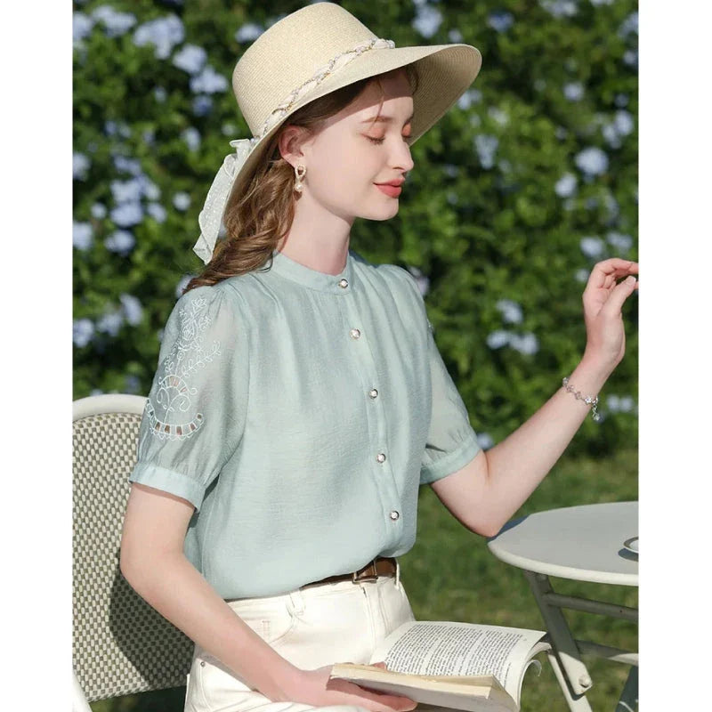 Chic French Puff Sleeve Blouse for Women - Elegant and Versatile Wardrobe Essential