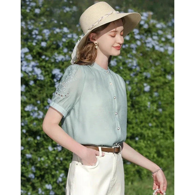 Chic French Puff Sleeve Blouse for Women - Elegant and Versatile Wardrobe Essential