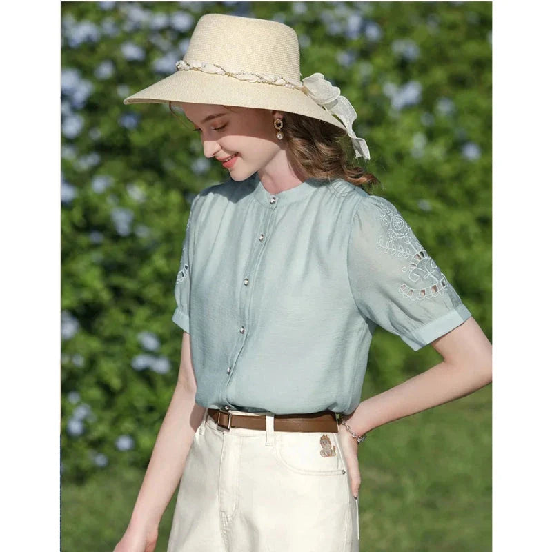 Chic French Puff Sleeve Blouse for Women - Elegant and Versatile Wardrobe Essential