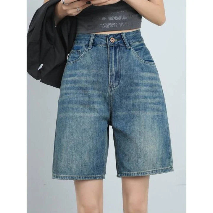 High-waist knee-length denim shorts for women, featuring a flattering silhouette and versatile casual style.