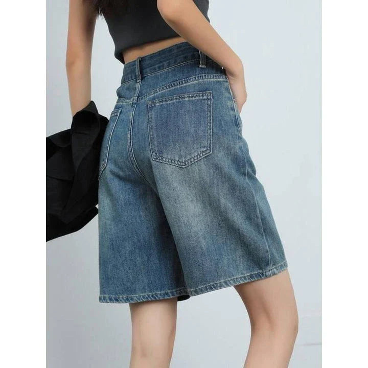 High-waist knee-length denim shorts for women, featuring a flattering silhouette and versatile casual style.