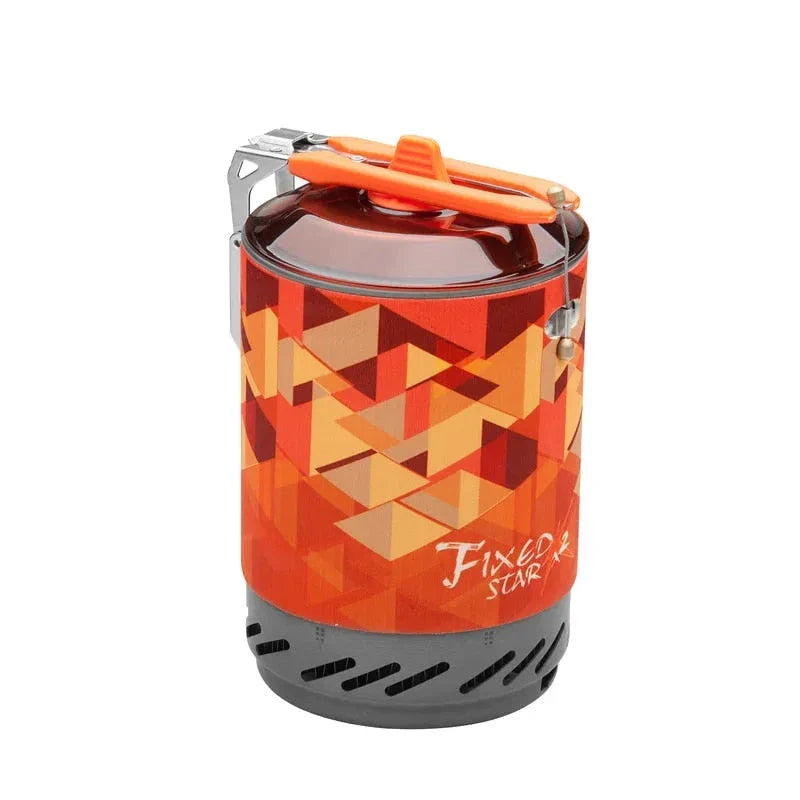 Portable outdoor gas stove burner with heat exchanger pot for camping, hiking, and backpacking adventures