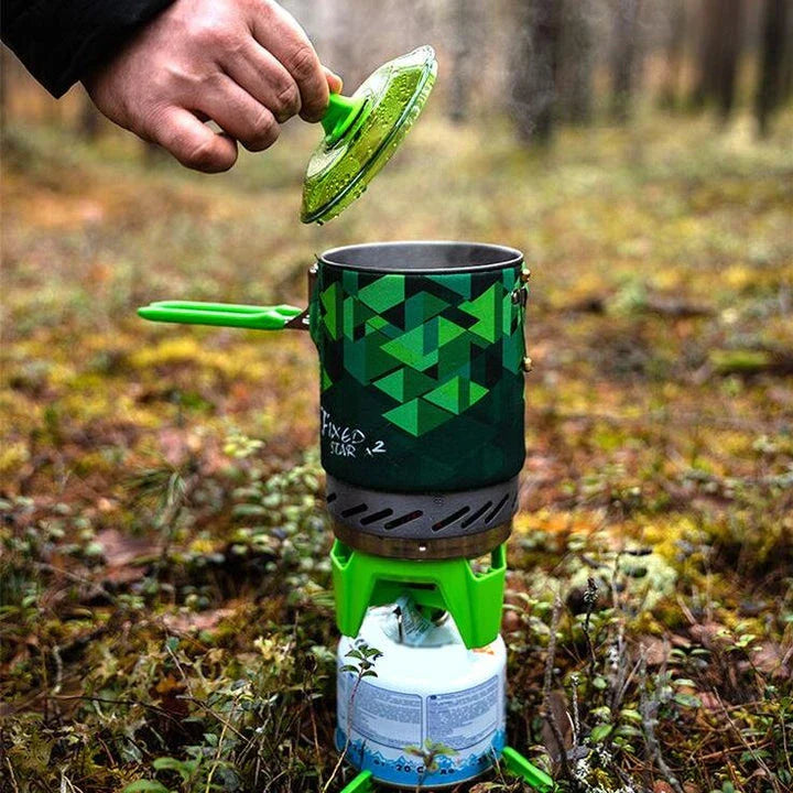 Portable outdoor gas stove burner with heat exchanger pot for camping, hiking, and backpacking adventures
