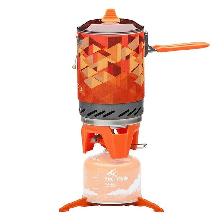 Portable outdoor gas stove burner with heat exchanger pot for camping, hiking, and backpacking adventures