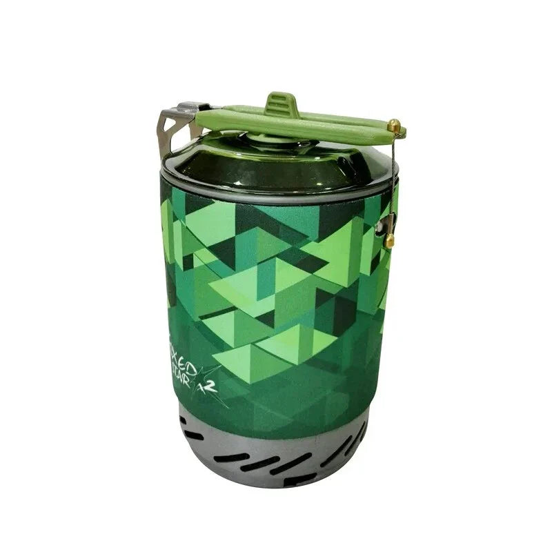 Portable outdoor gas stove burner with heat exchanger pot for camping, hiking, and backpacking adventures