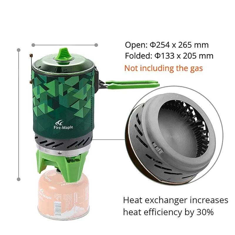 Portable outdoor gas stove burner with heat exchanger pot for camping, hiking, and backpacking adventures