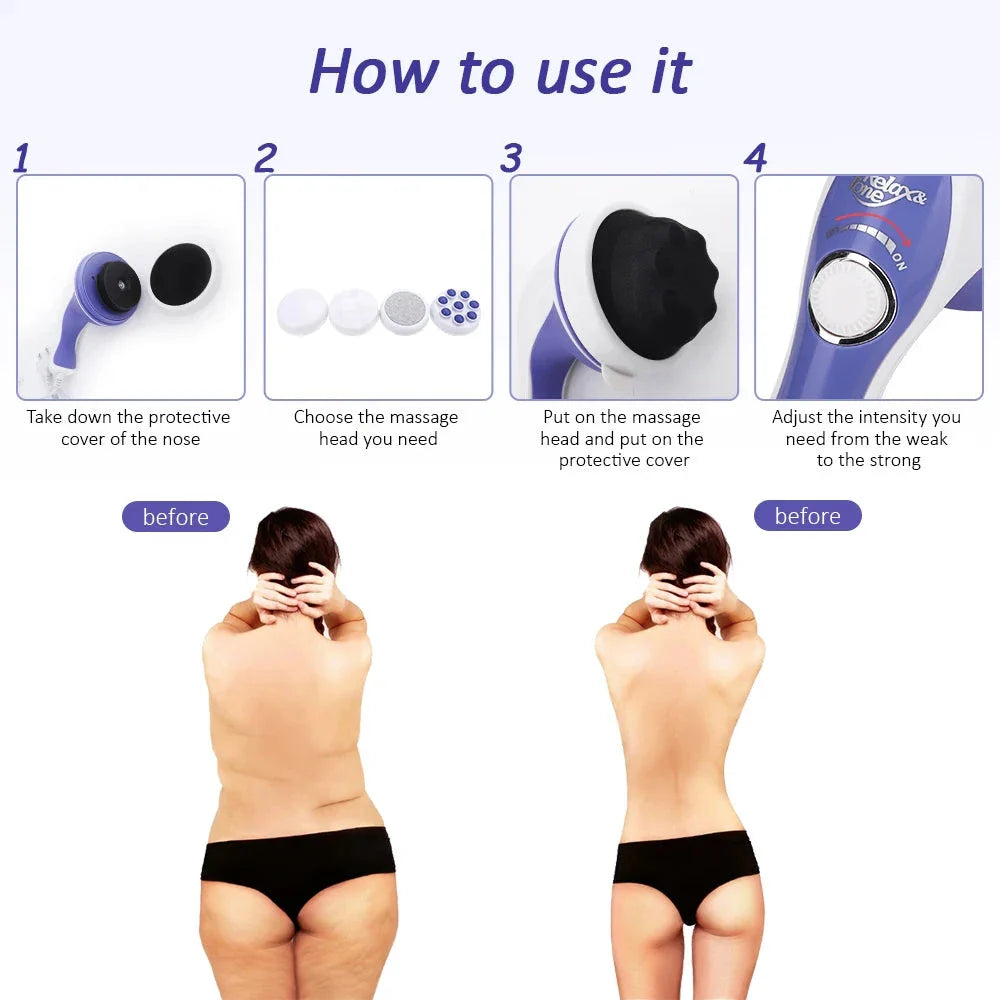 Portable deep tissue body massager with various massage heads for muscle relaxation and slimming