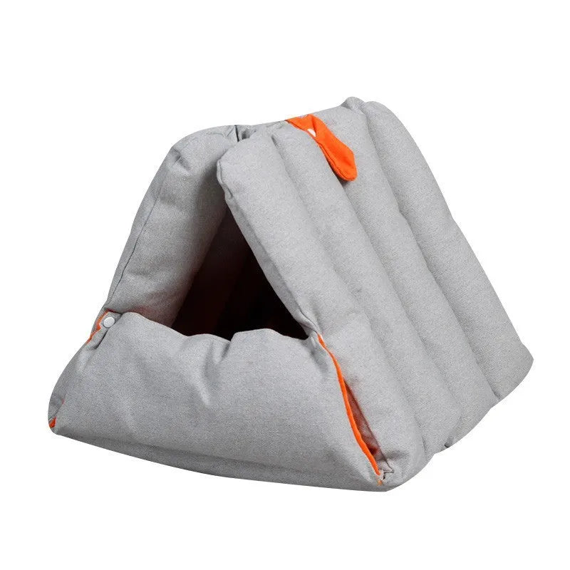 Blue triangular cat bed with drilled connectors and removable cotton cover